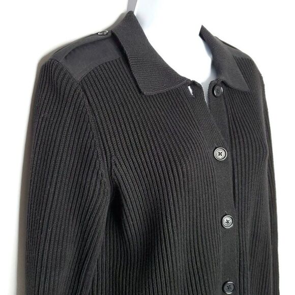 Ralph Lauren Ribbed Cotton Cardigan Sweater M Military Epaulets Collared Black - Picture 2 of 6